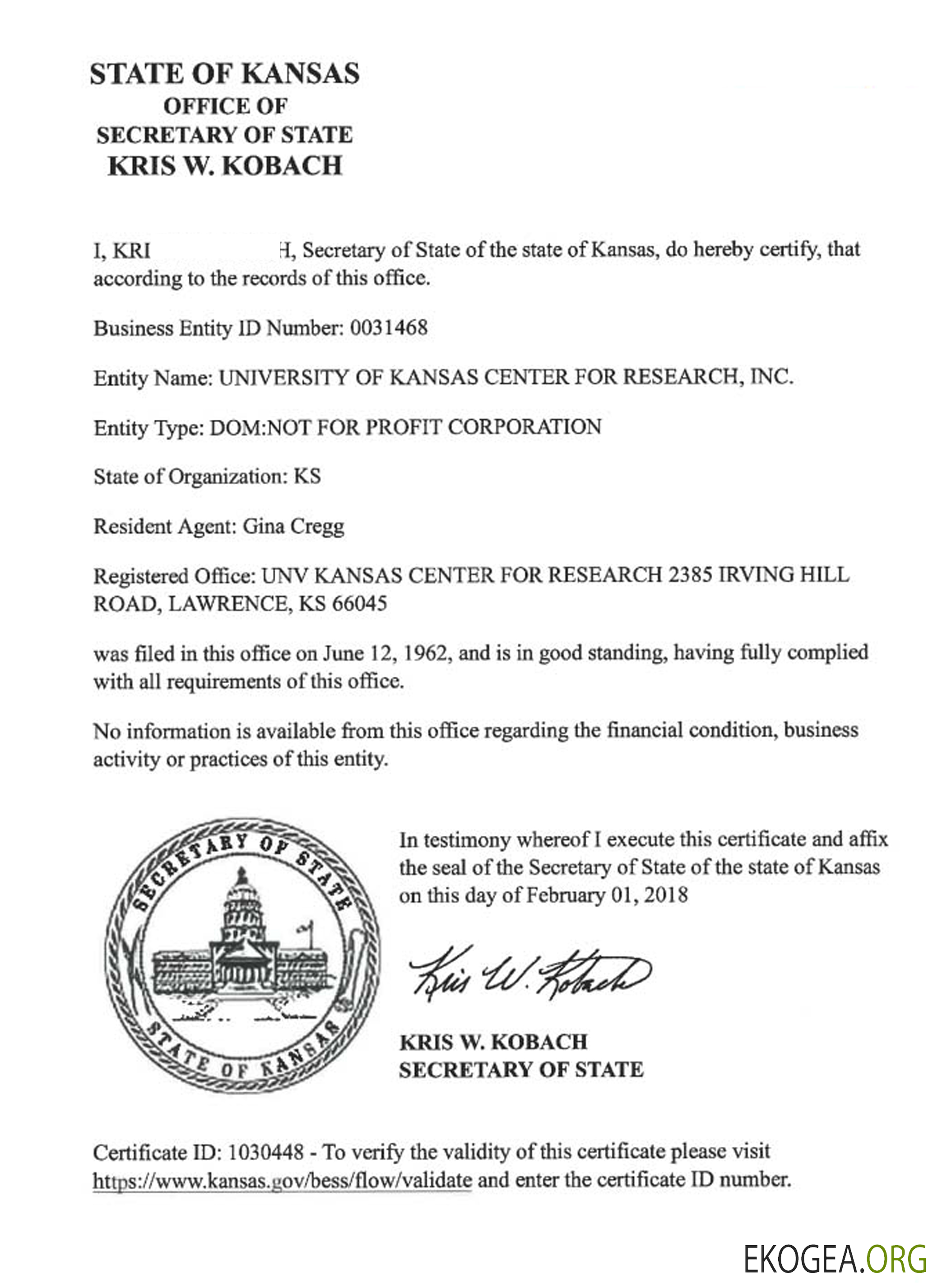 Certificat de bonne réputation USA Kansas